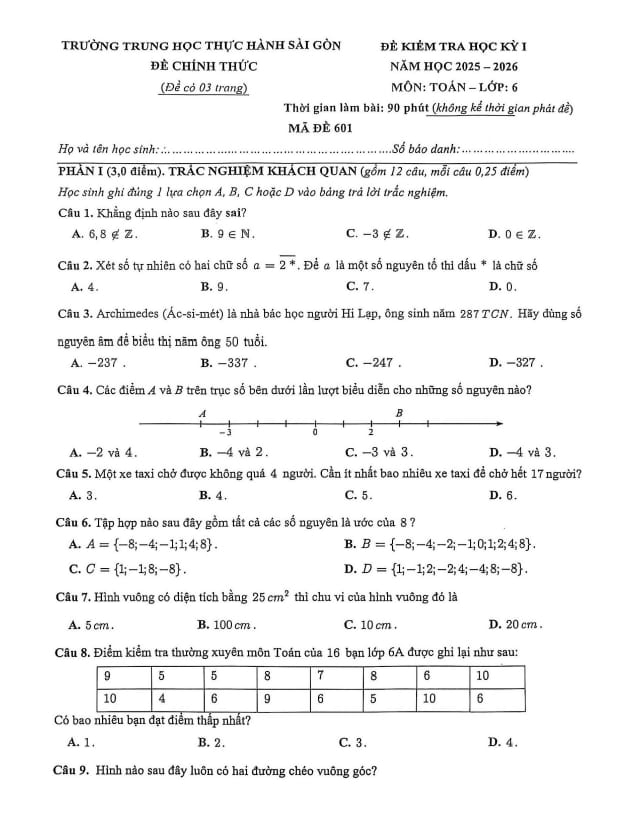 đề học kỳ 1 toán 6 năm 2025 – 2026 trường thực hành sài gòn – tp hcm