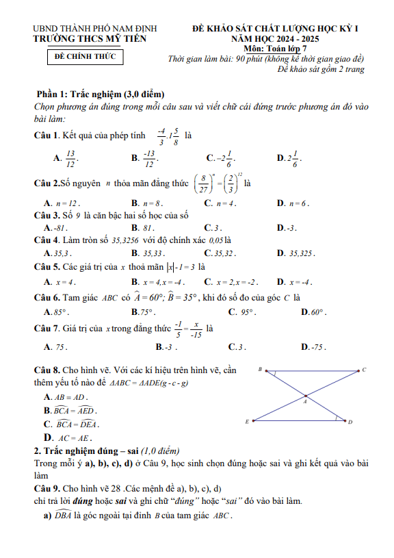 đề học kỳ 1 toán 7 năm 2024 – 2025 trường thcs mỹ tiến – nam định
