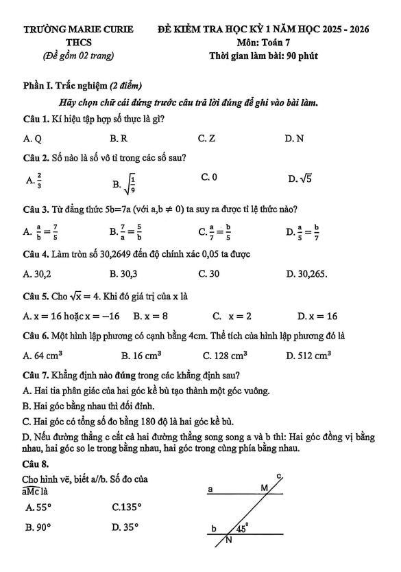 đề học kỳ 1 toán 7 năm 2025 – 2026 trường marie curie – hà nội
