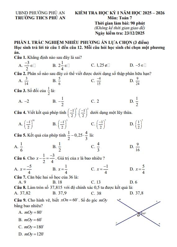đề học kỳ 1 toán 7 năm 2025 – 2026 trường thcs phú an – tp hcm