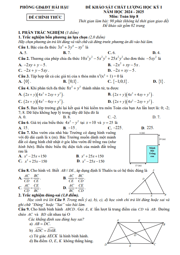 đề học kỳ 1 toán 8 năm 2024 – 2025 phòng gd&đt hải hậu – nam định