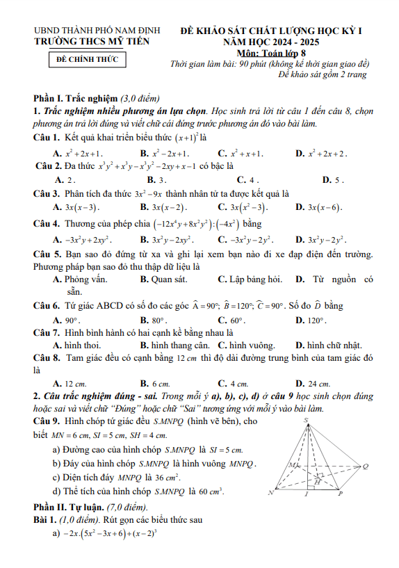 đề học kỳ 1 toán 8 năm 2024 – 2025 trường thcs mỹ tiến – nam định