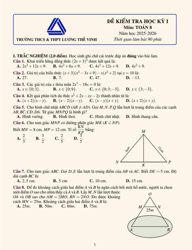 đề học kỳ 1 toán 8 năm 2025 – 2026 trường lương thế vinh – hà nội