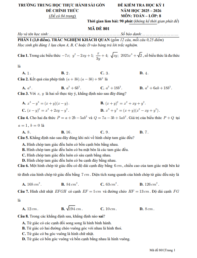 đề học kỳ 1 toán 8 năm 2025 – 2026 trường thực hành sài gòn – tp hcm