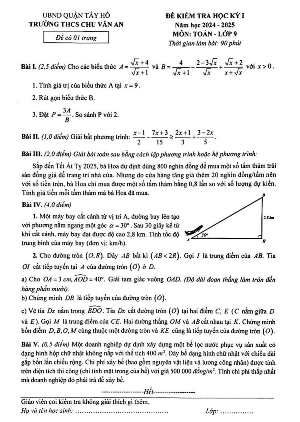 đề học kỳ 1 toán 9 năm 2024 – 2025 trường thcs chu văn an – hà nội