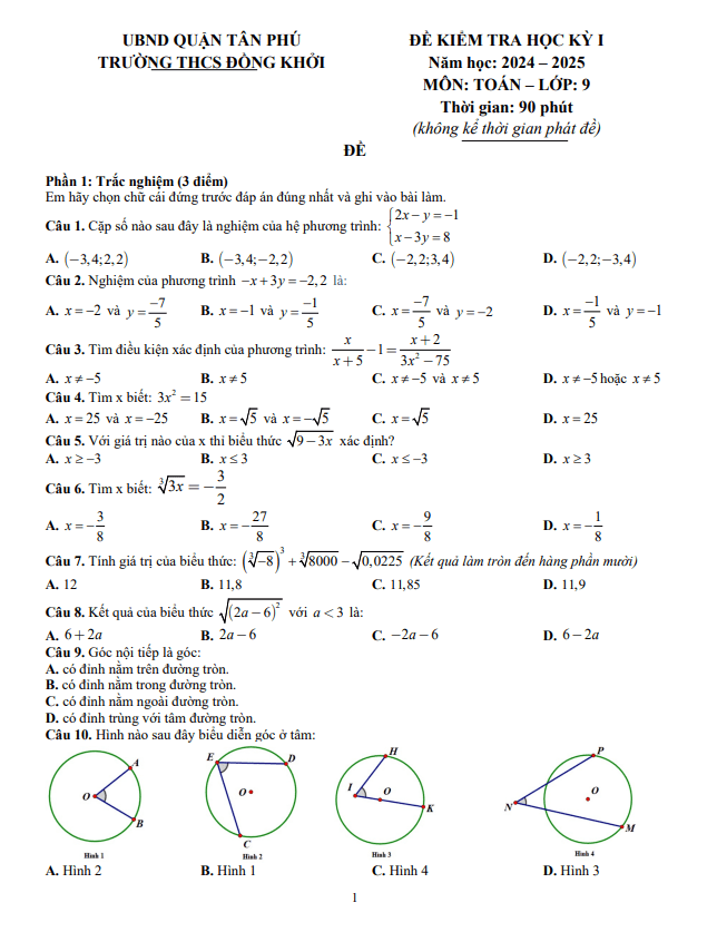 đề học kỳ 1 toán 9 năm 2024 – 2025 trường thcs đồng khởi – tp hcm
