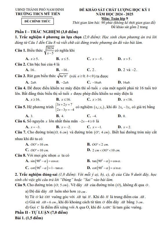đề học kỳ 1 toán 9 năm 2024 – 2025 trường thcs mỹ tiến – nam định