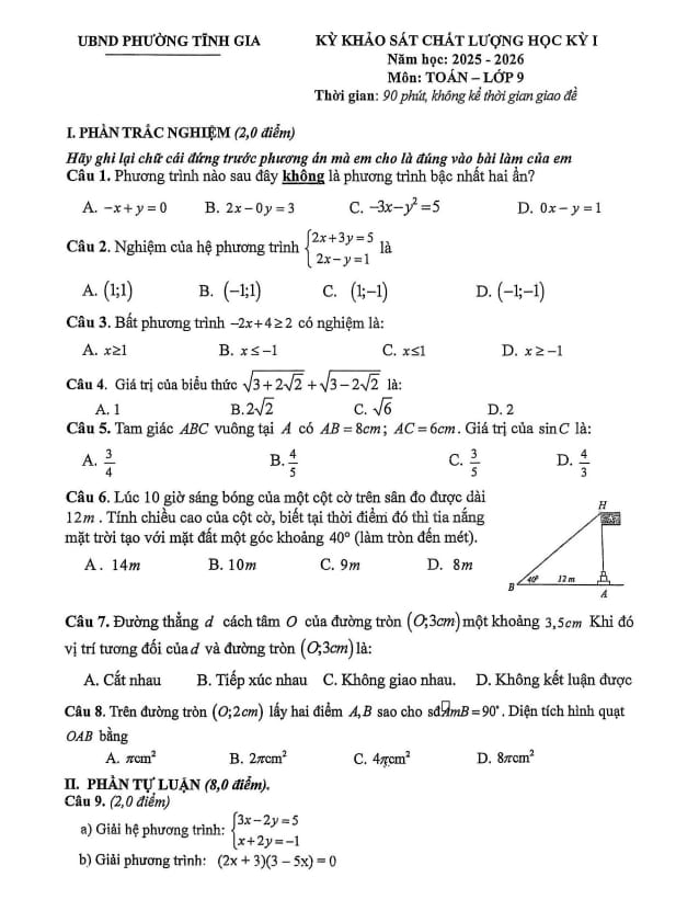 đề học kỳ 1 toán 9 năm 2025 – 2026 phường tĩnh gia – thanh hóa