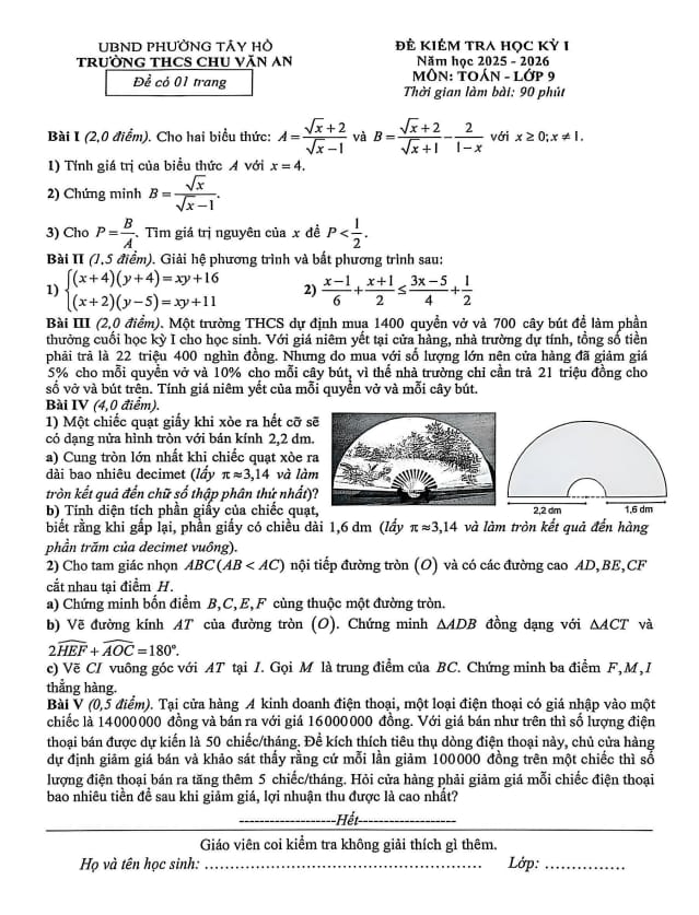đề học kỳ 1 toán 9 năm 2025 – 2026 trường thcs chu văn an – hà nội