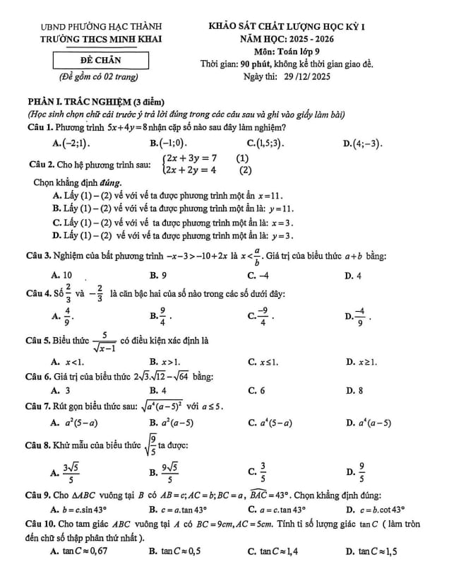 đề học kỳ 1 toán 9 năm 2025 – 2026 trường thcs minh khai – thanh hóa