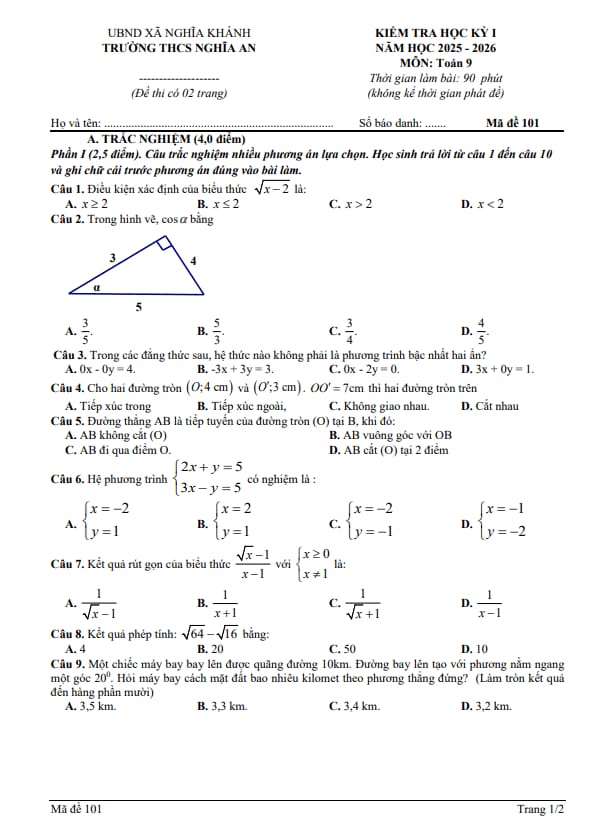 đề học kỳ 1 toán 9 năm 2025 – 2026 trường thcs nghĩa an – nghệ an
