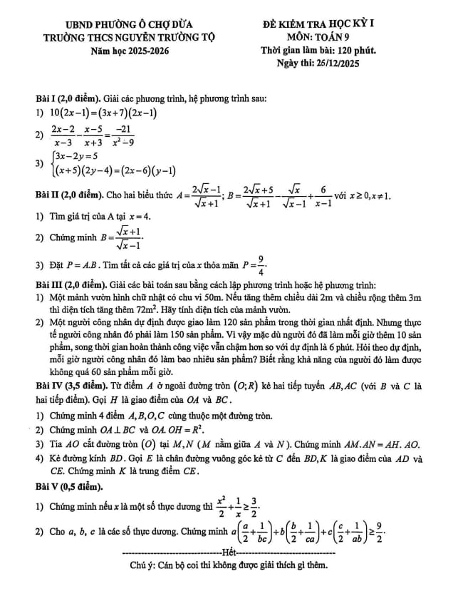 đề học kỳ 1 toán 9 năm 2025 – 2026 trường thcs nguyễn trường tộ – hà nội