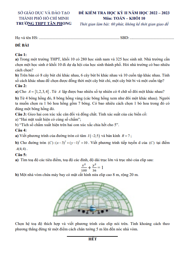 đề học kỳ 2 toán 10 năm 2022 – 2023 trường thpt tân phong – tp hcm