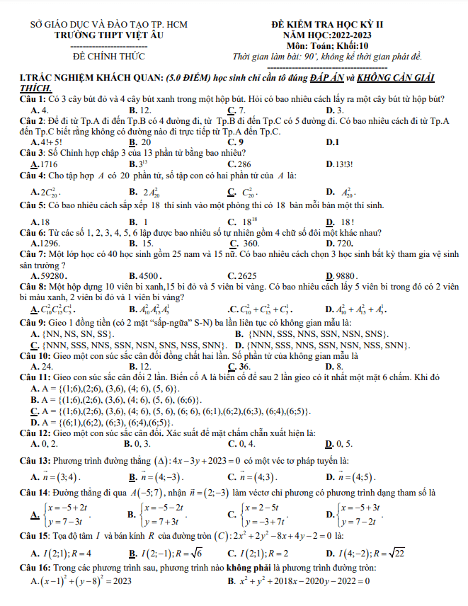đề học kỳ 2 toán 10 năm 2022 – 2023 trường thpt việt âu – tp hcm