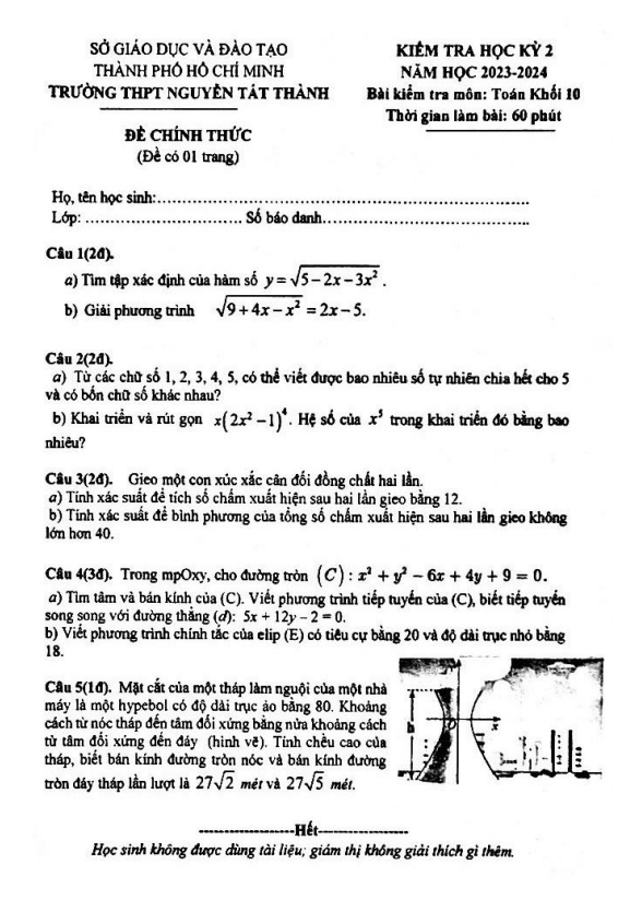 đề học kỳ 2 toán 10 năm 2023 – 2024 trường thpt nguyễn tất thành – tp hcm