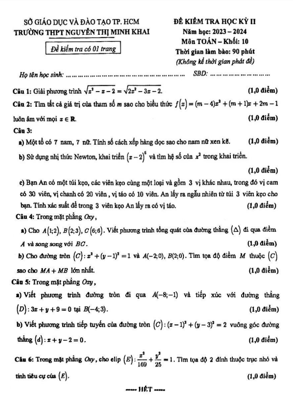 đề học kỳ 2 toán 10 năm 2023 – 2024 trường thpt nguyễn thị minh khai – tp hcm