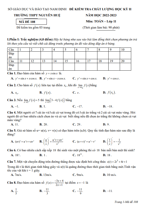 đề học kỳ 2 toán 11 năm 2022 – 2023 trường thpt nguyễn huệ – nam định
