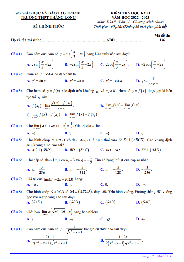 đề học kỳ 2 toán 11 năm 2022 – 2023 trường thpt thăng long – tp hcm