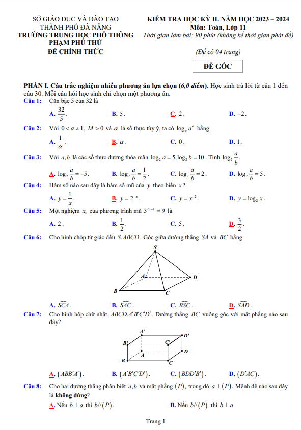đề học kỳ 2 toán 11 năm 2023 – 2024 trường thpt phạm phú thứ – đà nẵng