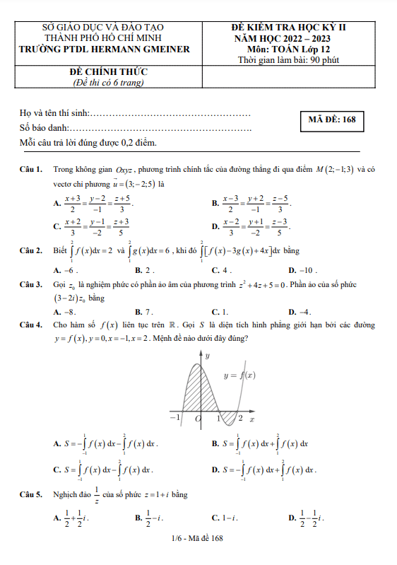đề học kỳ 2 toán 12 năm 2022 – 2023 trường ptdl hermann gmeiner – tp hcm