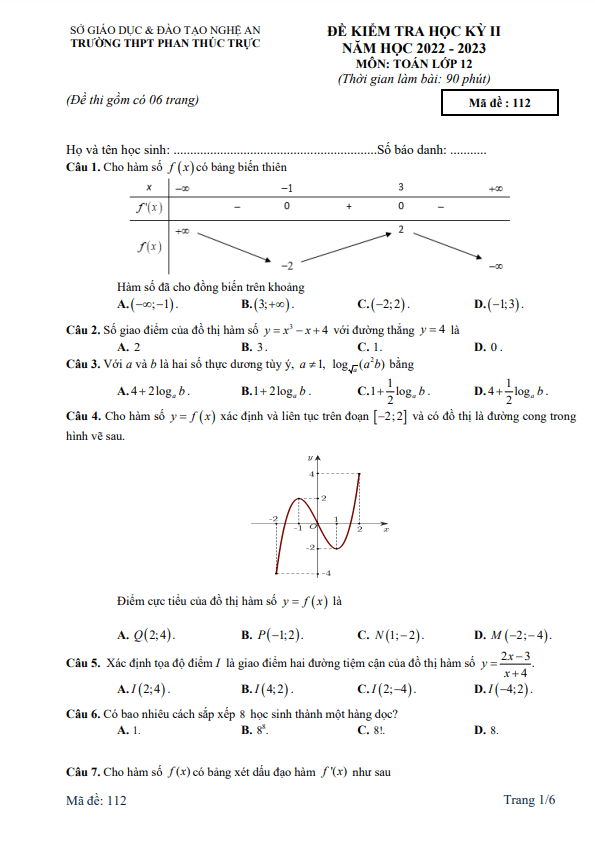đề học kỳ 2 toán 12 năm 2022 – 2023 trường thpt phan thúc trực – nghệ an