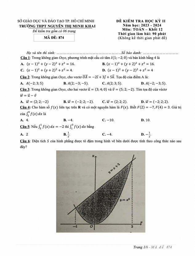 đề học kỳ 2 toán 12 năm 2023 – 2024 trường thpt nguyễn thị minh khai – tp hcm