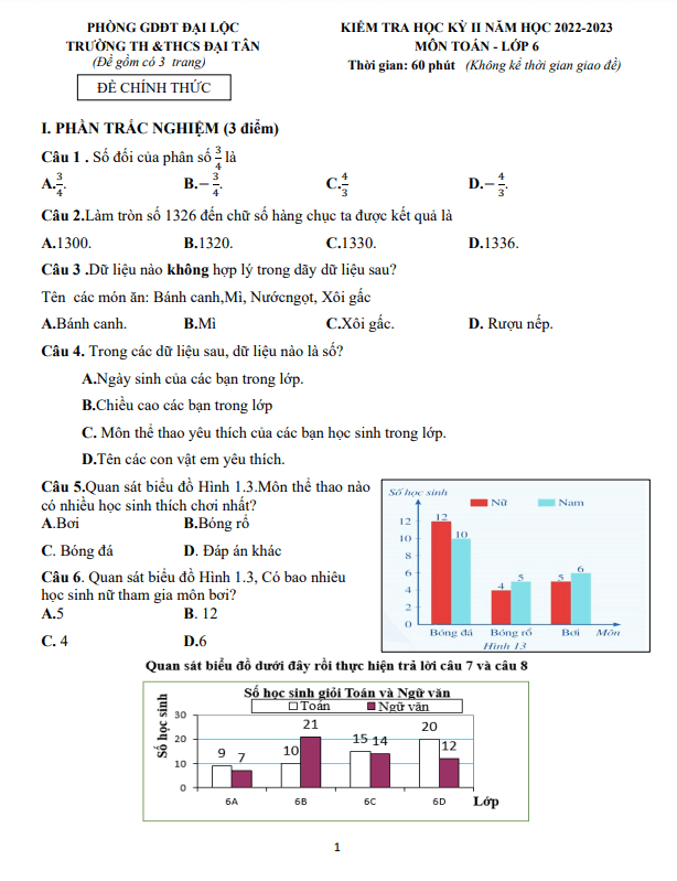đề học kỳ 2 toán 6 năm 2022 – 2023 trường th & thcs đại tân – quảng nam
