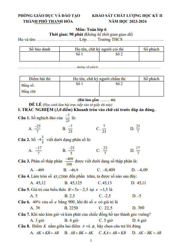 đề học kỳ 2 toán 6 năm 2023 – 2024 phòng gd&đt thành phố thanh hóa