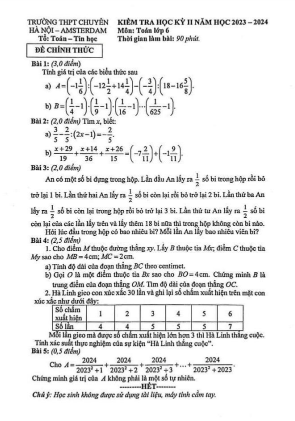 đề học kỳ 2 toán 6 năm 2023 – 2024 trường thpt chuyên hà nội – amsterdam