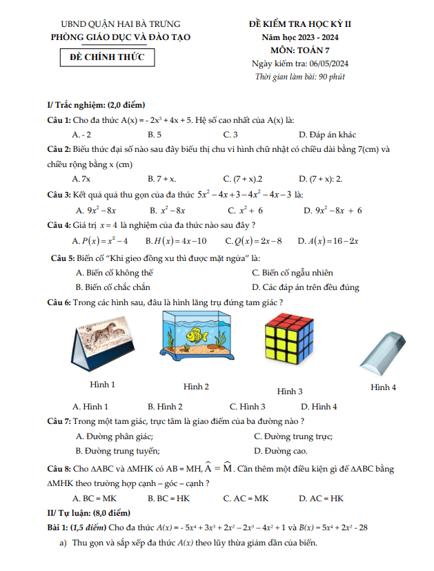 đề học kỳ 2 toán 7 năm 2023 – 2024 phòng gd&đt hai bà trưng – hà nội