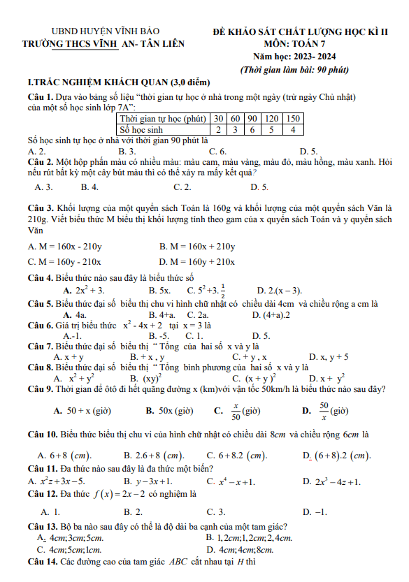 đề học kỳ 2 toán 7 năm 2023 – 2024 trường thcs vĩnh an – tân liên – hải phòng