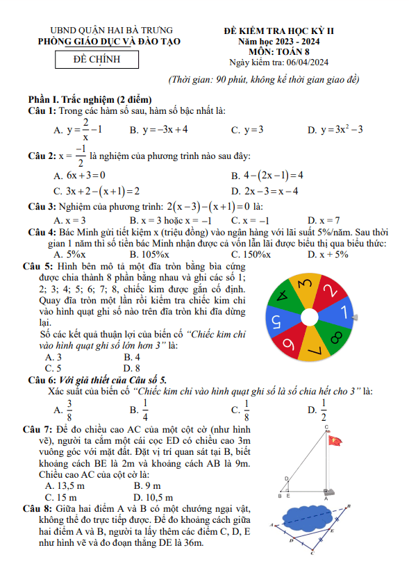 đề học kỳ 2 toán 8 năm 2023 – 2024 phòng gd&đt hai bà trưng – hà nội