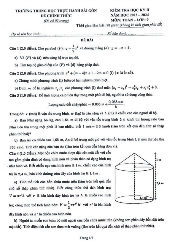 đề học kỳ 2 toán 9 năm 2023 – 2024 trường thực hành sài gòn – tp hcm