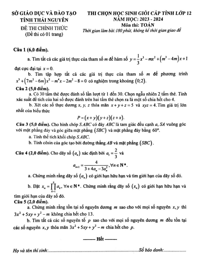 đề học sinh giỏi cấp tỉnh toán 12 năm 2023 – 2024 sở gd&đt thái nguyên