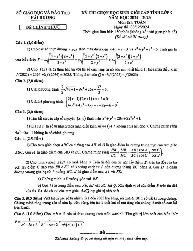 đề học sinh giỏi cấp tỉnh toán 9 năm 2024 – 2025 sở gd&đt hải dương