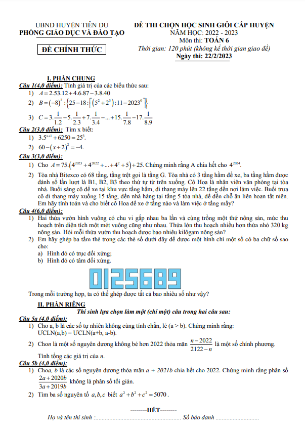 đề học sinh giỏi huyện toán 6 năm 2022 – 2023 phòng gd&đt tiên du – bắc ninh