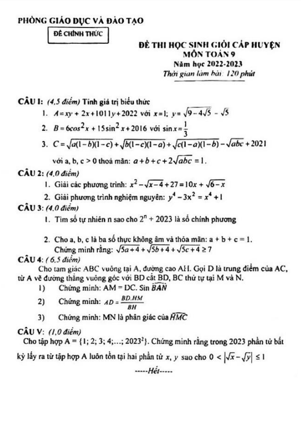 đề học sinh giỏi huyện toán 9 năm 2022 – 2023 phòng gd&đt thanh chương – nghệ an