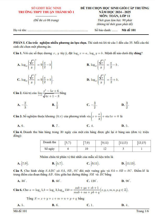 đề học sinh giỏi toán 11 năm 2024 – 2025 trường thpt thuận thành 1 – bắc ninh