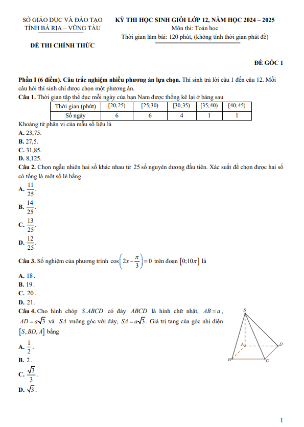 đề học sinh giỏi toán 12 năm 2024 – 2025 sở gd&đt bà rịa – vũng tàu