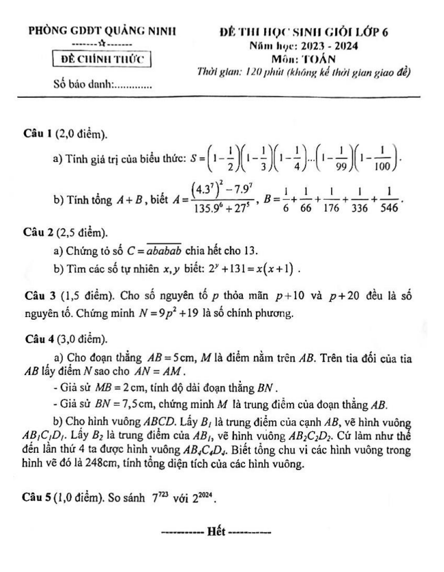 đề học sinh giỏi toán 6 năm 2023 – 2024 phòng gd&đt quảng ninh – quảng bình