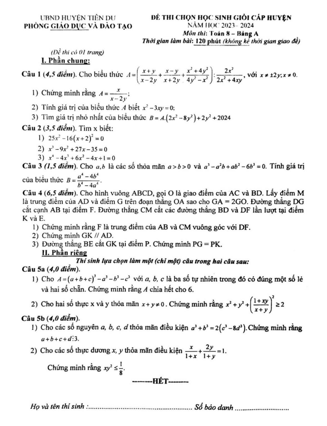 đề học sinh giỏi toán 8 năm 2023 – 2024 phòng gd&đt tiên du – bắc ninh