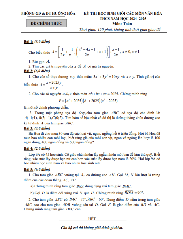 đề học sinh giỏi toán thcs năm 2024 – 2025 phòng gd&đt hướng hóa – quảng trị