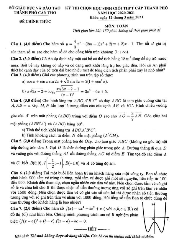 đề học sinh giỏi toán thpt cấp thành phố năm 2020 – 2021 sở gd&đt cần thơ
