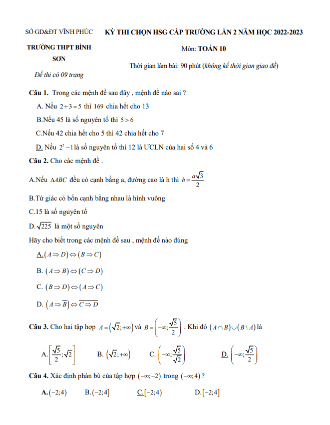 đề hsg cấp trường toán 10 lần 2 năm 2022 – 2023 trường thpt bình sơn – vĩnh phúc