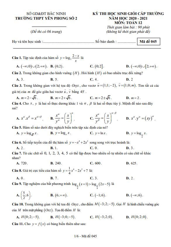 đề hsg cấp trường toán 12 năm 2020 – 2021 trường yên phong 2 – bắc ninh