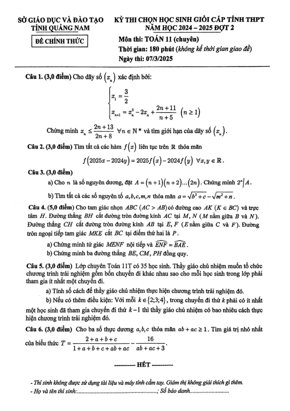 đề hsg tỉnh toán 11 (chuyên) năm 2024 – 2025 đợt 2 sở gd&đt quảng nam
