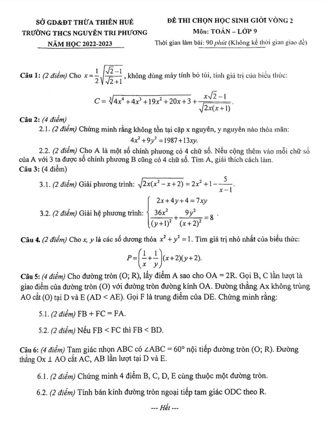 đề hsg toán 9 vòng 2 năm 2022 – 2023 trường thcs nguyễn tri phương – tt huế