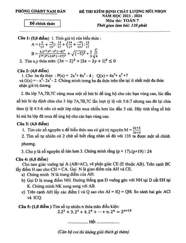 đề kđcl mũi nhọn toán 7 năm 2023 – 2024 phòng gd&đt nam đàn – nghệ an