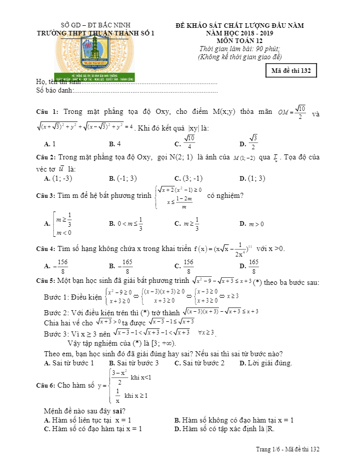 đề khảo sát chất lượng đầu năm 2018 – 2019 toán 12 trường thuận thành 1 – bắc ninh