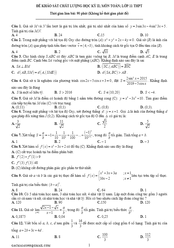 đề khảo sát chất lượng học kỳ 2 môn toán 11 – lương tuấn đức